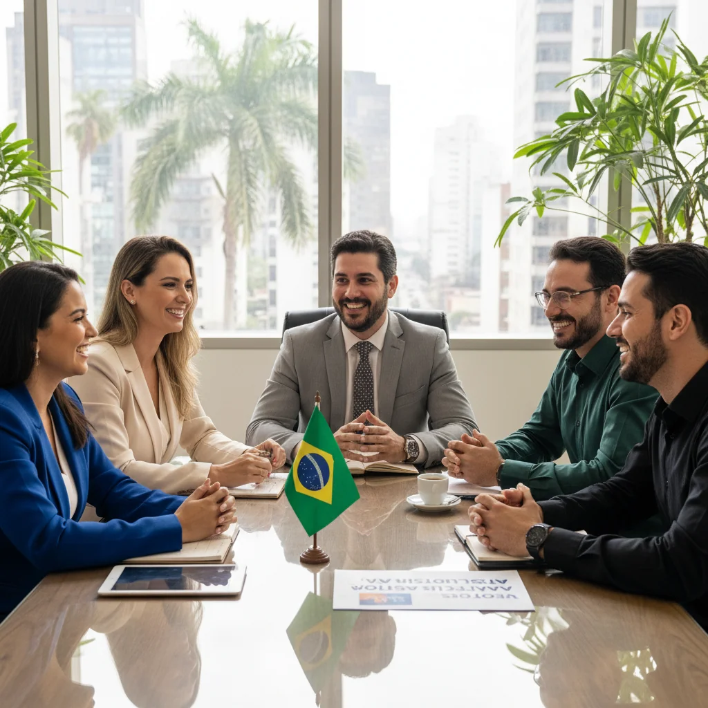 A photorealistic image symbolizing fair compensation and corporate philosophy in a Brazilian business context, featuring a diverse group of professional adults in a modern office setting, engaged in a positive discussion around a conference table with subtle Brazilian elements like a flag or tropical plants in the background, conveying trust, equity, and professional growth.