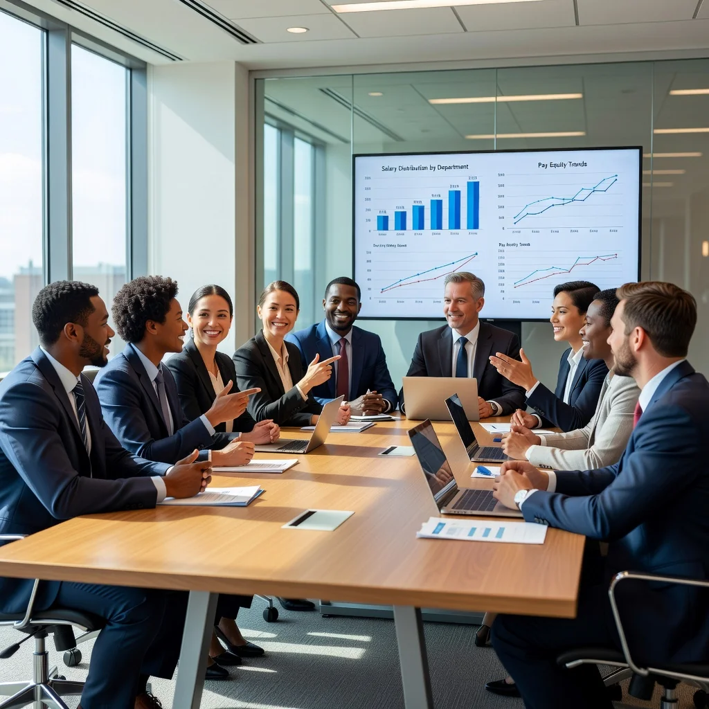 A photorealistic image depicting a professional business meeting in a modern office setting in the United States, where diverse adult professionals are engaged in a discussion about compensation strategies, symbolizing fairness, equity, and motivation in employee rewards. The scene includes adults only, no children, with natural lighting and realistic details to represent the purpose of a compensation philosophy statement.