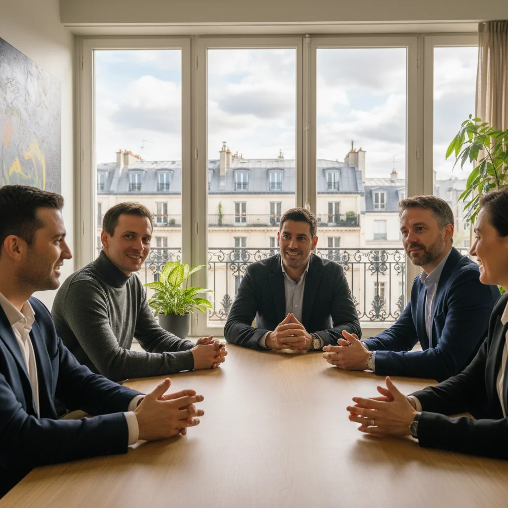A photorealistic image representing the philosophy of compensation in a French corporate context, showing a diverse group of adult professionals in a modern French office setting, engaged in a positive discussion about fair pay and benefits, with subtle French elements like a Eiffel Tower view in the background, conveying trust, equity, and professional satisfaction. No children present.
