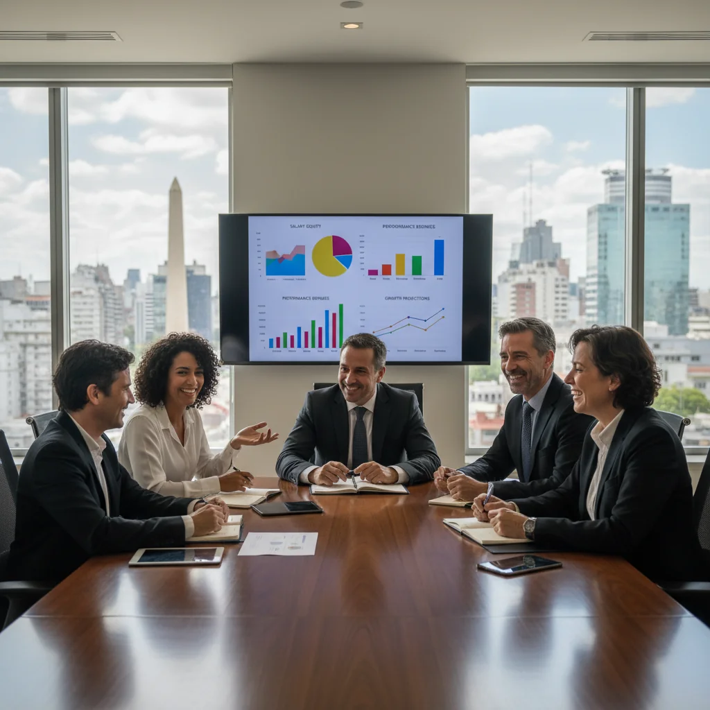 A photorealistic image of a diverse group of professional adults in a modern Argentine office setting, engaged in a positive discussion about compensation strategies, symbolizing clarity and benefits in company policies, with subtle Argentine elements like a flag or Buenos Aires skyline in the background. No children are present.