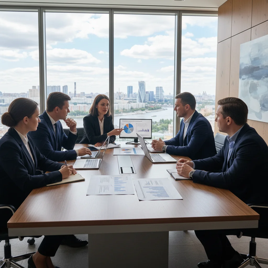 A photorealistic image of a professional business meeting in a modern Russian office, with diverse adult executives discussing reward strategies around a conference table, symbolizing the philosophy of compensation in business. No children present.
