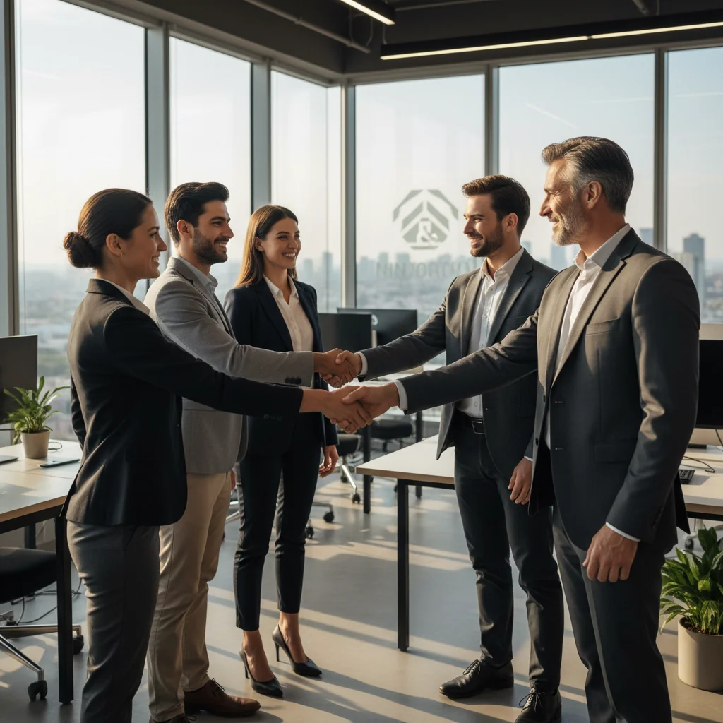 A photorealistic image depicting a diverse group of young professionals in a modern office environment, shaking hands with a smiling executive during a job interview, symbolizing enhanced company attractiveness through fair compensation policies and positive workplace culture. The scene conveys enthusiasm, opportunity, and employee satisfaction without focusing on any documents.