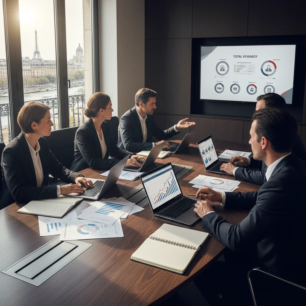A photorealistic image depicting a professional business meeting in a modern French office, where diverse adult executives are discussing compensation strategies around a conference table with financial charts and documents, symbolizing the importance of remuneration philosophy in French companies. No children are present.