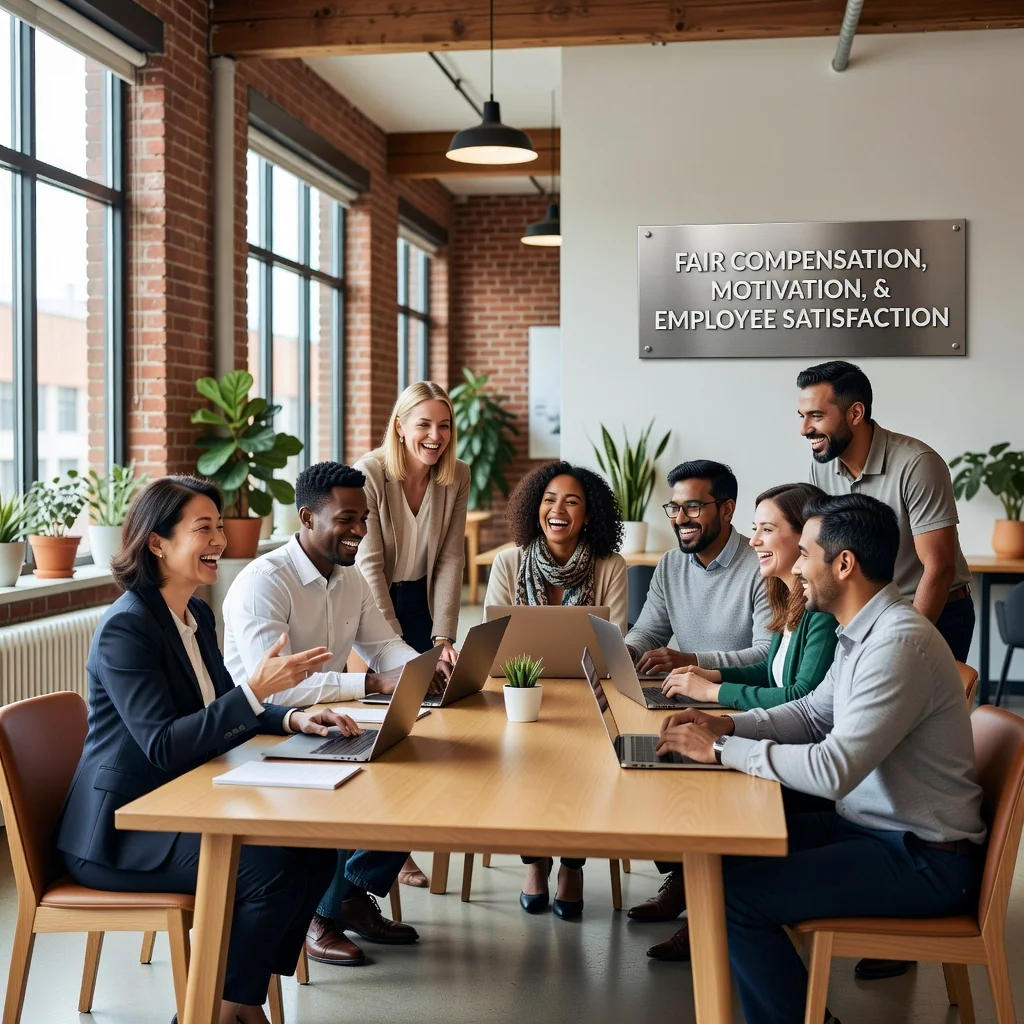 A photorealistic hero image representing the philosophy of compensation in a professional setting, showing a diverse group of satisfied adult employees in a modern office environment, engaged in collaborative work, symbolizing fair pay, motivation, and work-life balance. No children are present. The image conveys positivity, equity, and professional growth without focusing on documents.