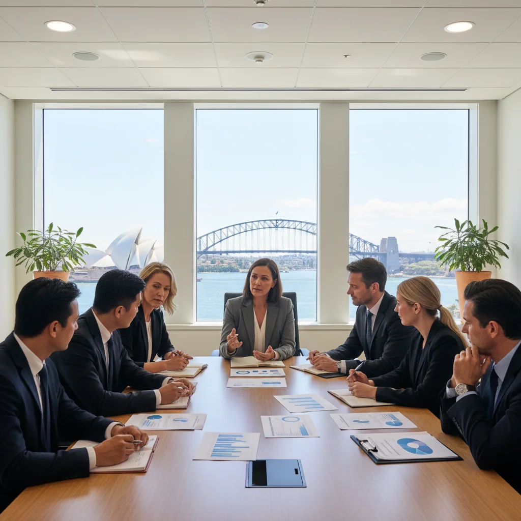 A photorealistic image of a diverse group of professional adults in a modern Australian corporate boardroom, engaged in a serious discussion about governance and fair compensation, symbolizing the philosophy behind remuneration statements in corporate settings. The atmosphere is professional and collaborative, with elements like a city skyline view through windows suggesting an Australian business context. No children are present in the image.
