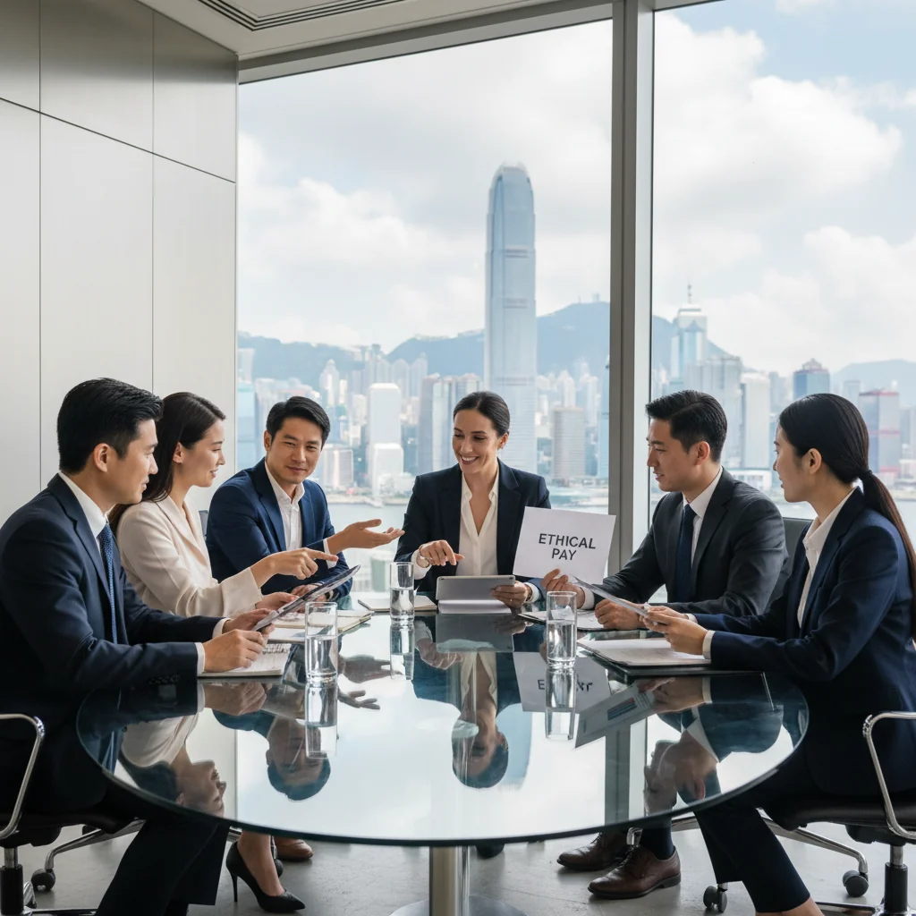 A photorealistic image of a diverse group of adult professionals in a modern Hong Kong office setting, engaged in a compliant and transparent business discussion around a conference table, symbolizing the impact of remuneration philosophy statements on corporate compliance. The scene conveys trust, professionalism, and ethical business practices in a bustling urban environment with subtle Hong Kong skyline views through large windows.