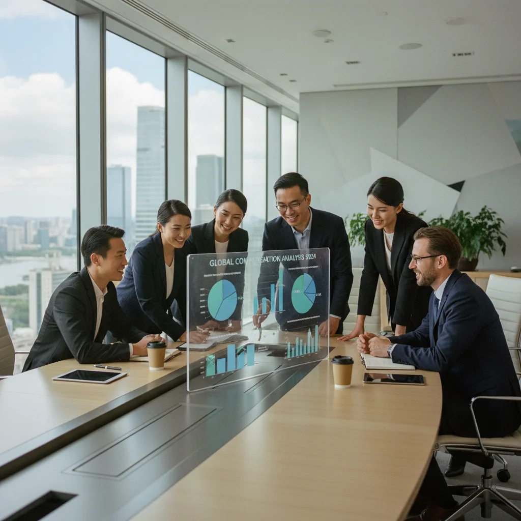 A photorealistic image of a diverse group of professional adults in a modern Chinese corporate office, engaged in a positive discussion about salary and compensation strategies, symbolizing fair and transparent remuneration policies, with elements like charts or handshakes representing equity and motivation in the workplace. No children are present in the image.