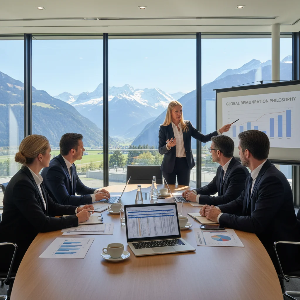 A photorealistic image of a professional business meeting in a modern Swiss office, featuring adults discussing compensation strategies around a conference table with Swiss Alps visible through the window, symbolizing the foundations of remuneration philosophy in Switzerland.