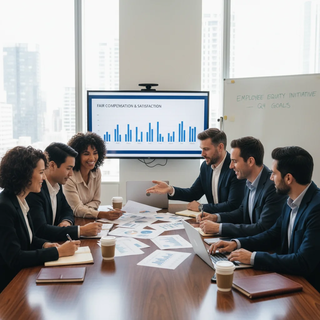 A photorealistic image of a diverse group of professional adults in a modern corporate office, engaged in a thoughtful discussion about compensation strategies. They are seated around a conference table with laptops and charts visible, symbolizing fair pay and motivation, evoking the essence of a compensation philosophy statement. No children are present in the image.