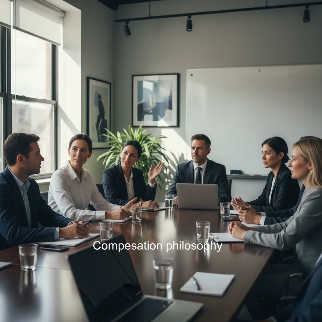 A photorealistic image of a diverse group of professional adults in a modern office setting, engaged in a thoughtful discussion about compensation strategies, symbolizing the philosophy behind effective pay structures, with no children present.
