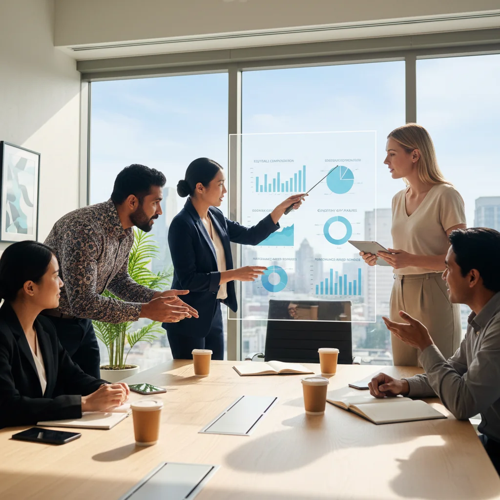 A photorealistic hero image depicting a professional business meeting in a modern office where executives are discussing compensation strategies, symbolizing the philosophy behind employee remuneration without showing any documents.