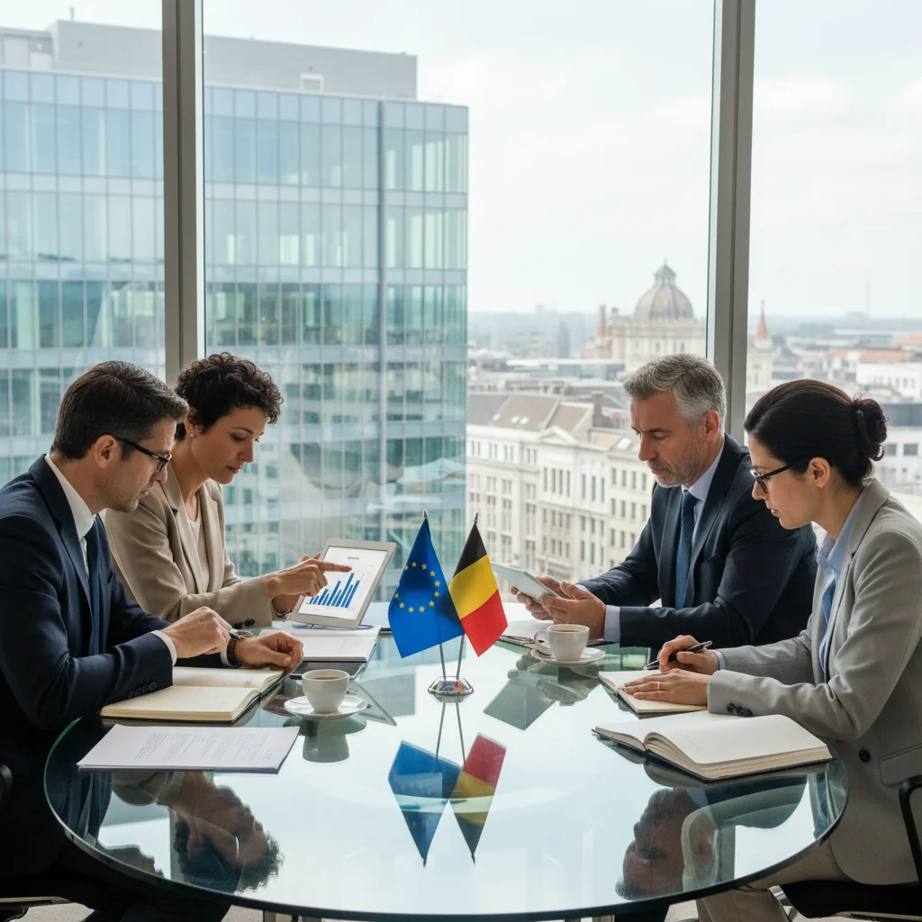 A photorealistic image of a professional business meeting in a modern Belgian office, where a diverse group of adult executives are discussing compensation strategies around a conference table, symbolizing legal obligations and transparency in remuneration declarations for Belgian companies. The atmosphere is collaborative and professional, with subtle Belgian elements like a flag or Brussels skyline in the background. No children are present.