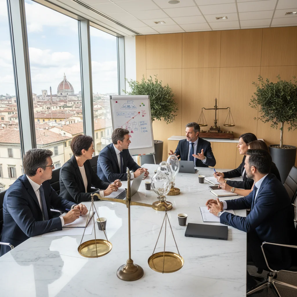 A photorealistic image symbolizing the importance of a retributive philosophy declaration for Italian businesses, featuring a diverse group of professional adults in a modern Italian office setting, engaged in a positive team meeting, shaking hands or discussing strategies around a conference table with subtle Italian elements like a map of Italy or Tuscan landscape view in the background, conveying fairness, equity, and business success.