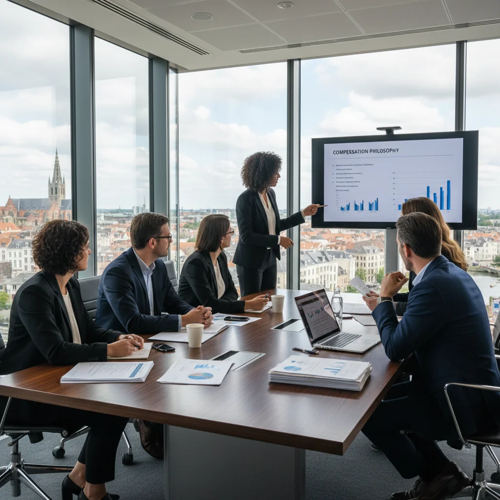 A photorealistic image depicting a professional meeting in a modern Belgian office, where a diverse group of adult business professionals are discussing compensation strategies around a conference table, with subtle Belgian elements like a flag or Brussels skyline in the background, symbolizing transparency and fairness in remuneration policies.