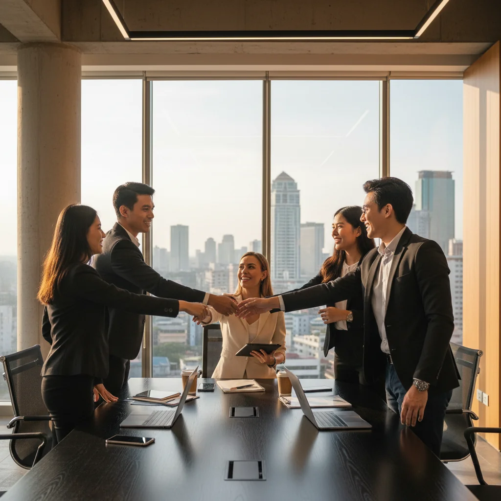 A photorealistic image of a diverse group of young professionals in a modern office in the Philippines, shaking hands with a recruiter, symbolizing attraction and hiring of talent, with subtle Philippine elements like a flag or tropical backdrop in the background, conveying a sense of opportunity and career growth.