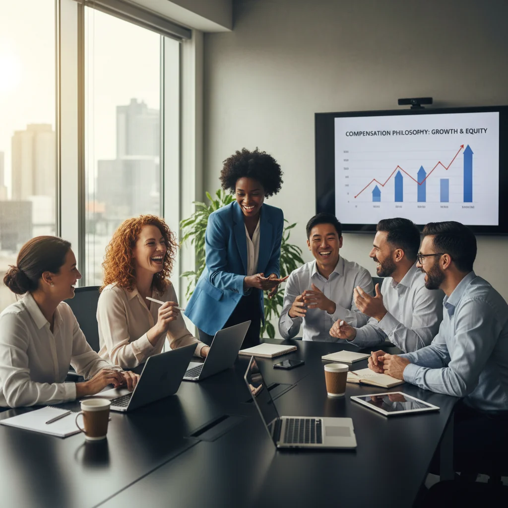 A photorealistic image of a diverse group of adult professionals in a modern office setting, engaged in a collaborative discussion around a conference table, symbolizing the benefits of a fair compensation philosophy in fostering team harmony and motivation. The atmosphere is positive and professional, with natural lighting and realistic details. No children are present in the image.