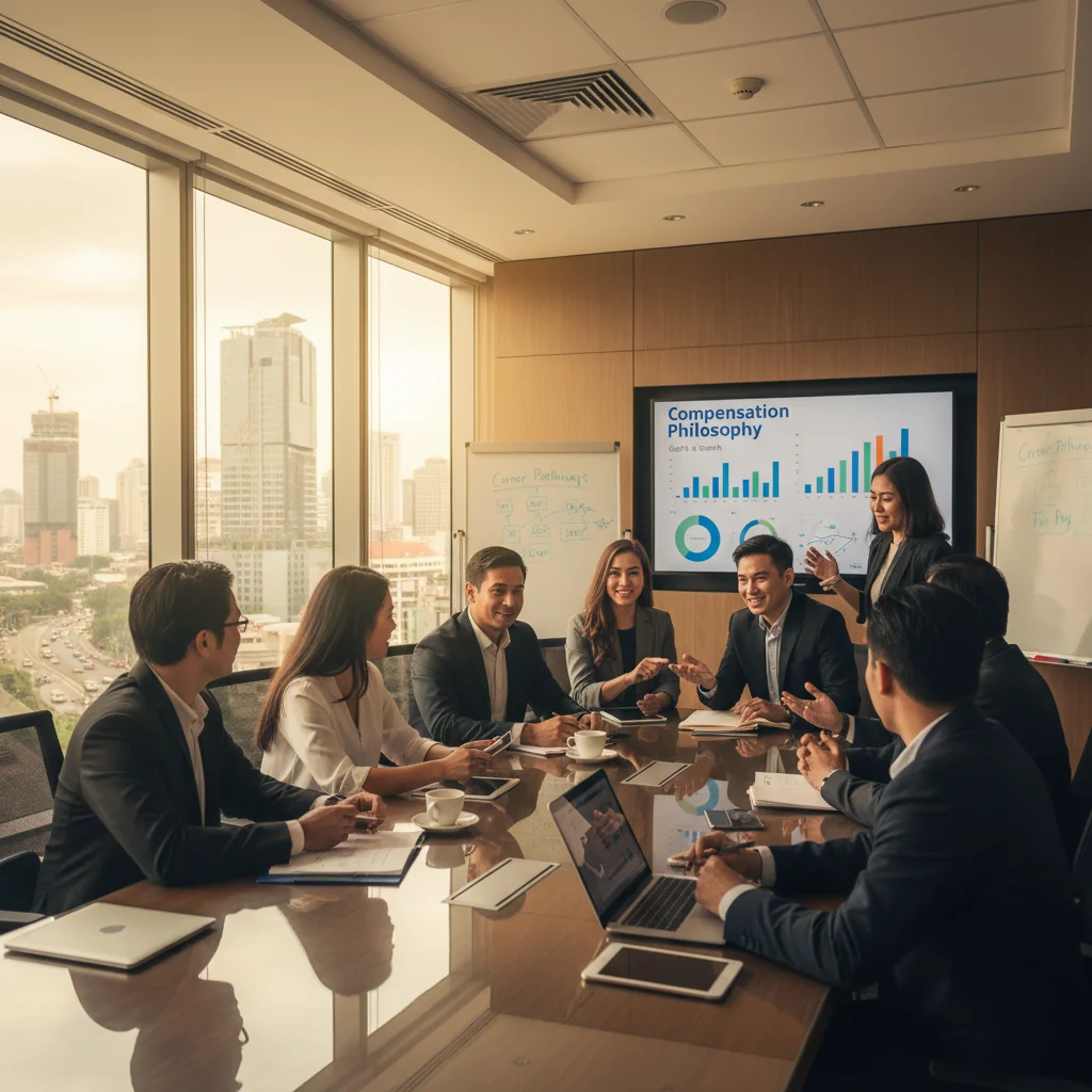 A photorealistic image of a diverse group of professional adults in a modern Philippine office setting, engaged in a collaborative meeting discussing compensation strategies, symbolizing fairness and transparency in workplace policies, with elements like Manila skyline in the background, no children present.