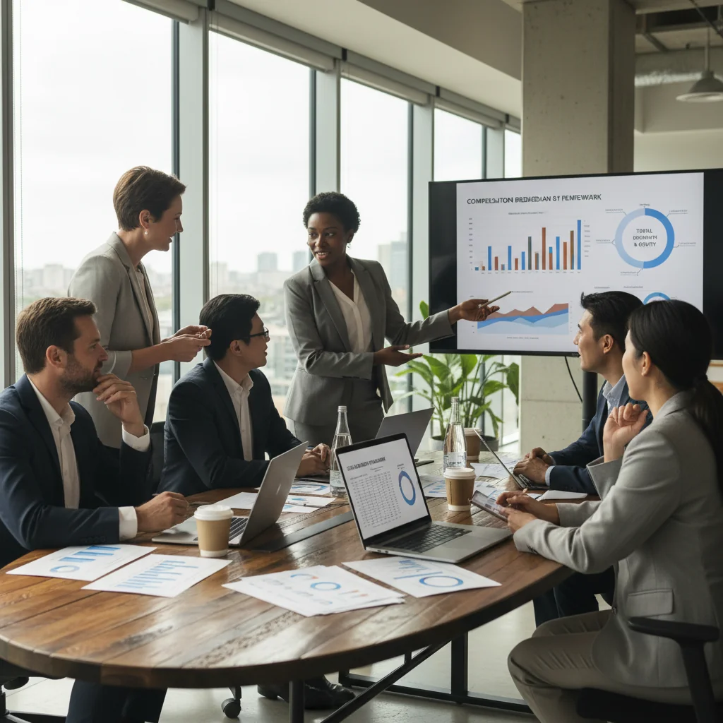 A photorealistic image of a professional business meeting in a modern office, where a diverse group of adults are discussing compensation strategies around a conference table, symbolizing the creation of an effective compensation philosophy. The scene conveys collaboration, fairness, and strategic planning in a corporate environment, with no children present.