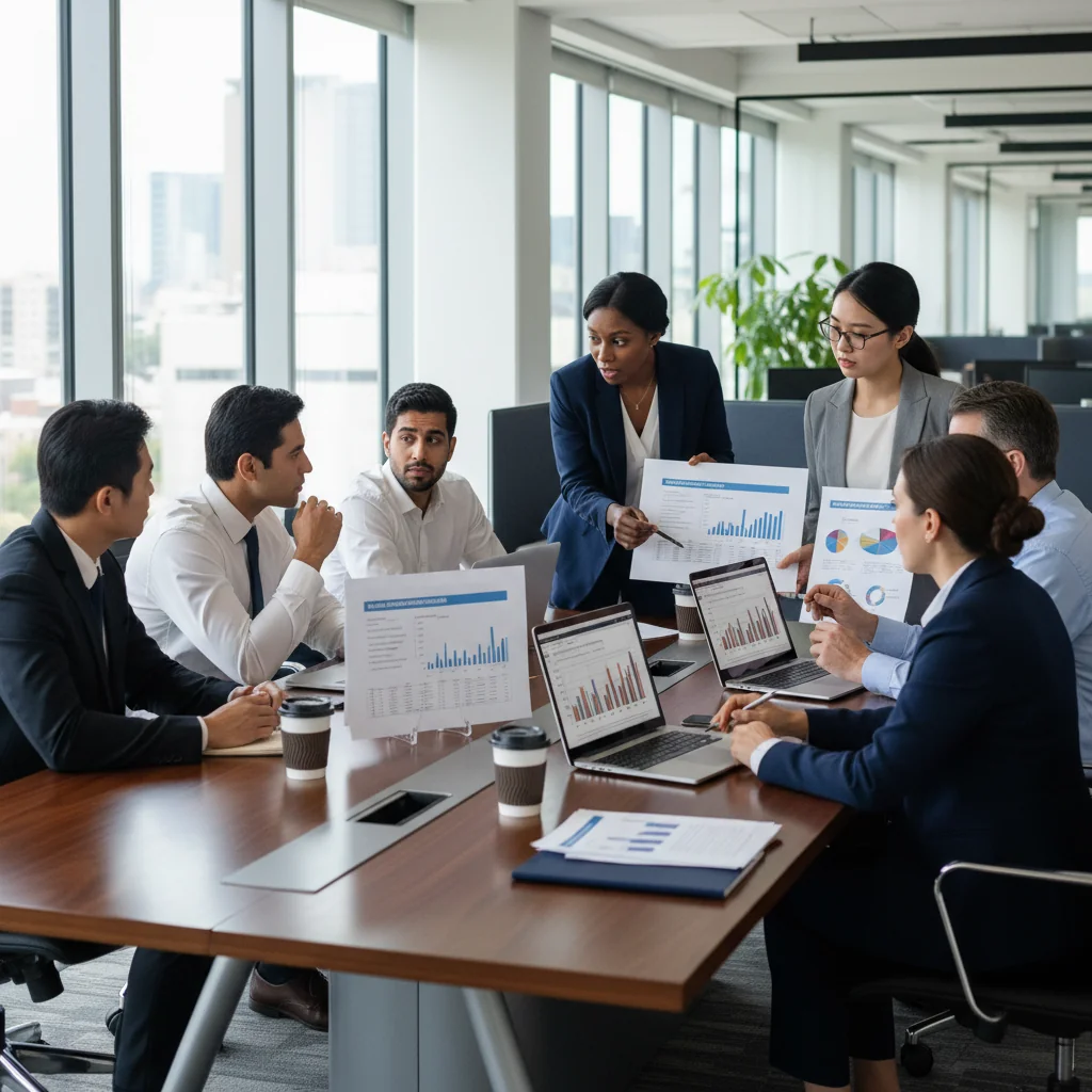 A photorealistic image of a professional business meeting in a modern office, where diverse adult employees are discussing compensation strategies around a conference table, symbolizing fair pay and legal compliance in remuneration policies, no children present.
