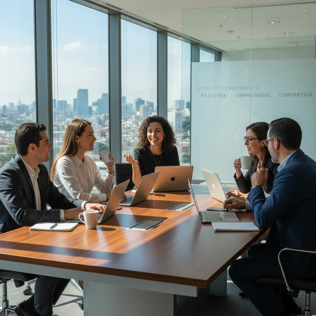 A photorealistic image depicting a diverse group of professional Mexican businesspeople in a modern office setting in Mexico City, engaged in a collaborative meeting around a conference table, symbolizing fair compensation, equity, and company philosophy that benefits employees and the organization. The atmosphere is positive and professional, with elements like Mexican cultural touches such as vibrant artwork on the walls. No children are present in the image.
