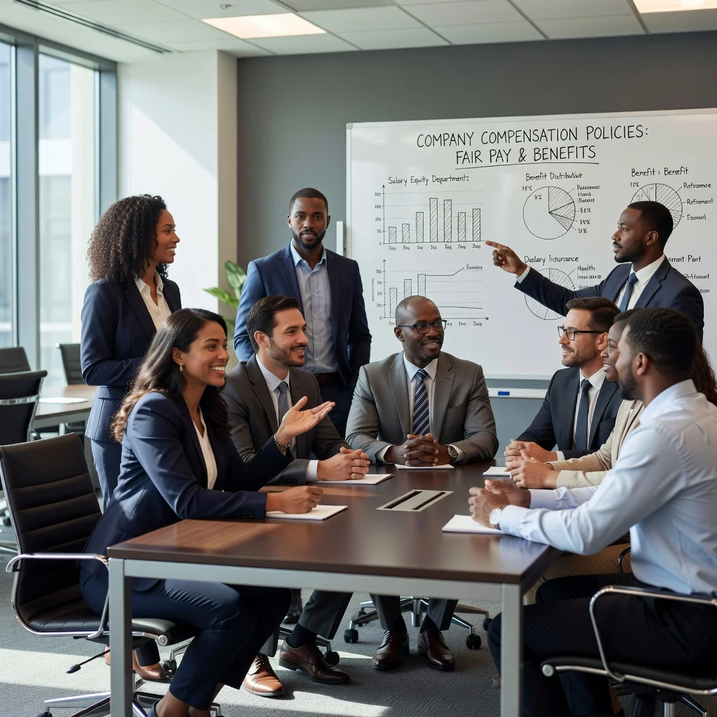 A photorealistic image depicting a professional business meeting in a modern office where diverse adult colleagues are discussing compensation strategies around a conference table, symbolizing the importance of a strong compensation philosophy for company success and employee satisfaction.