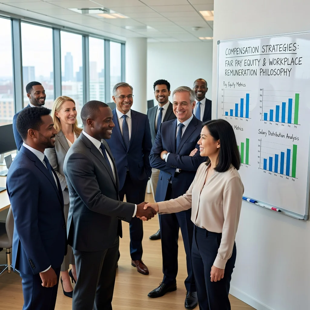 A photorealistic image representing the purpose of a Compensation Philosophy Statement in the UK, showing a professional adult employee in a modern office setting, looking satisfied and engaged in a discussion with a manager about fair pay and benefits, symbolizing transparency and equity in compensation practices. No children are present in the image.
