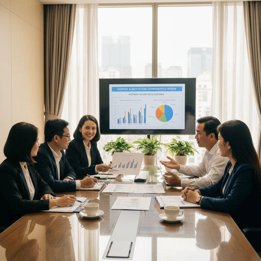 A photorealistic image of a diverse group of professional adults in a modern Vietnamese office setting, engaged in a positive discussion about compensation philosophy, symbolizing fair and transparent remuneration practices for businesses in Vietnam. The scene includes businesspeople shaking hands or reviewing charts on a table, with subtle Vietnamese cultural elements like a cityscape view, conveying trust, equity, and professional growth.