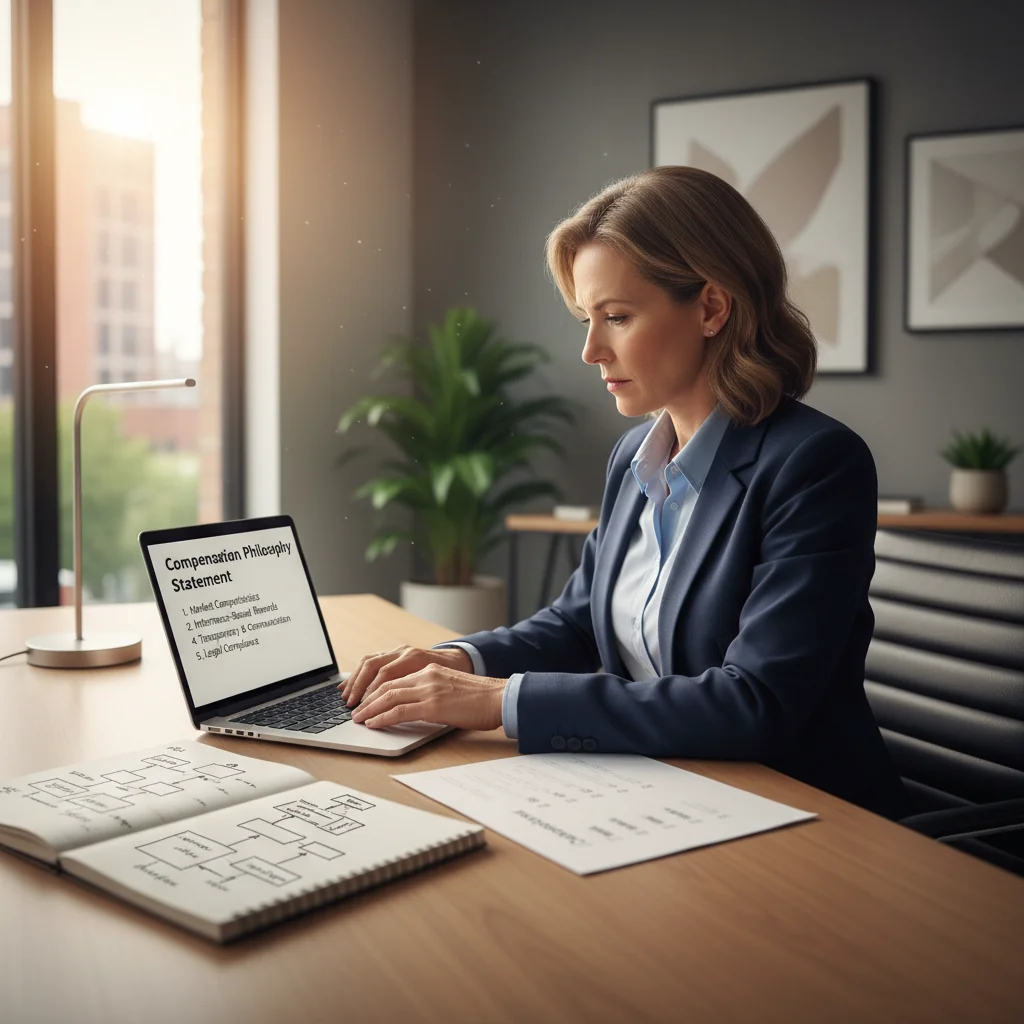 A photorealistic image of a professional adult in a modern office setting, thoughtfully preparing a compensation philosophy statement document on a computer, symbolizing the structured process of creating such statements, with elements like charts and notes representing steps involved, no children present.