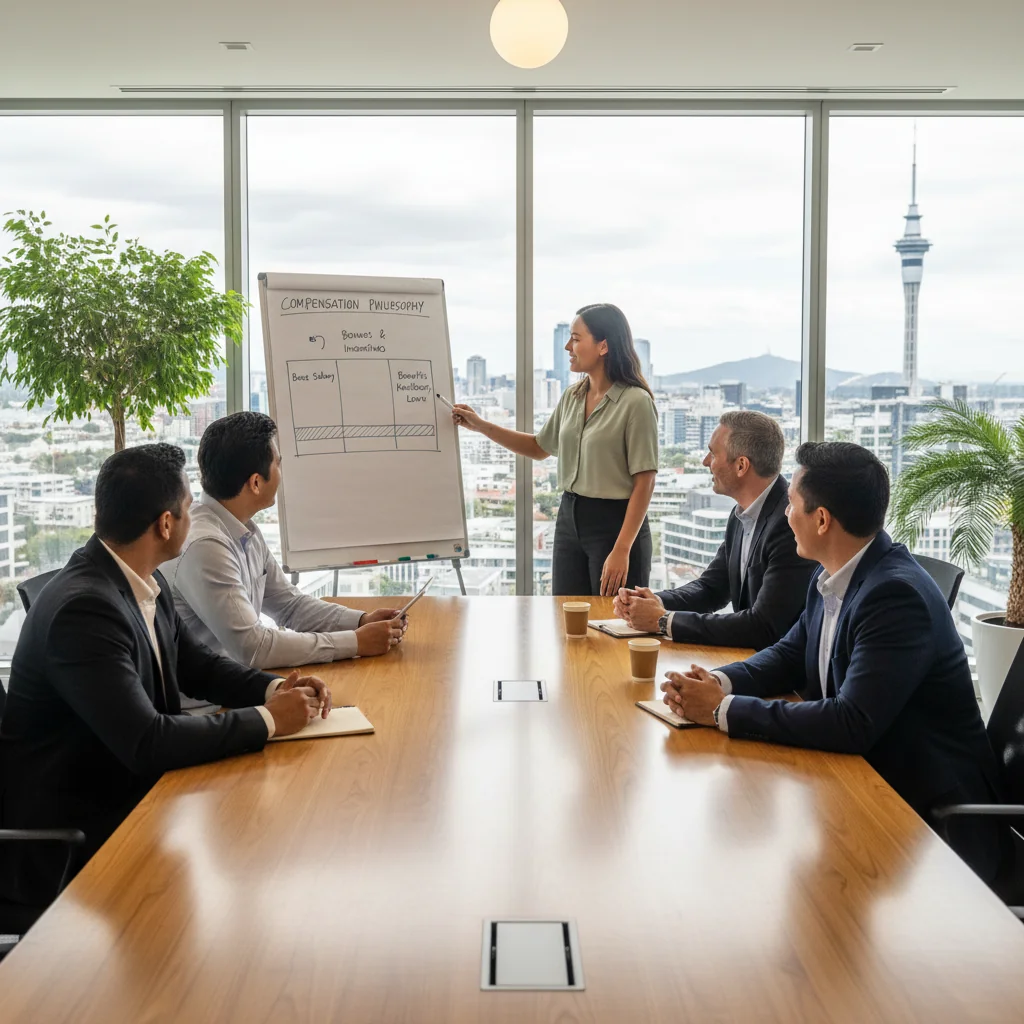 A photorealistic image depicting a professional business meeting in a modern New Zealand office, with diverse adult professionals discussing compensation strategies around a conference table, symbolizing the development of an effective compensation philosophy. The scene includes elements like a whiteboard with charts, coffee mugs, and a window view of New Zealand's urban landscape, conveying collaboration and fairness in workplace remuneration. No children are present in the image.