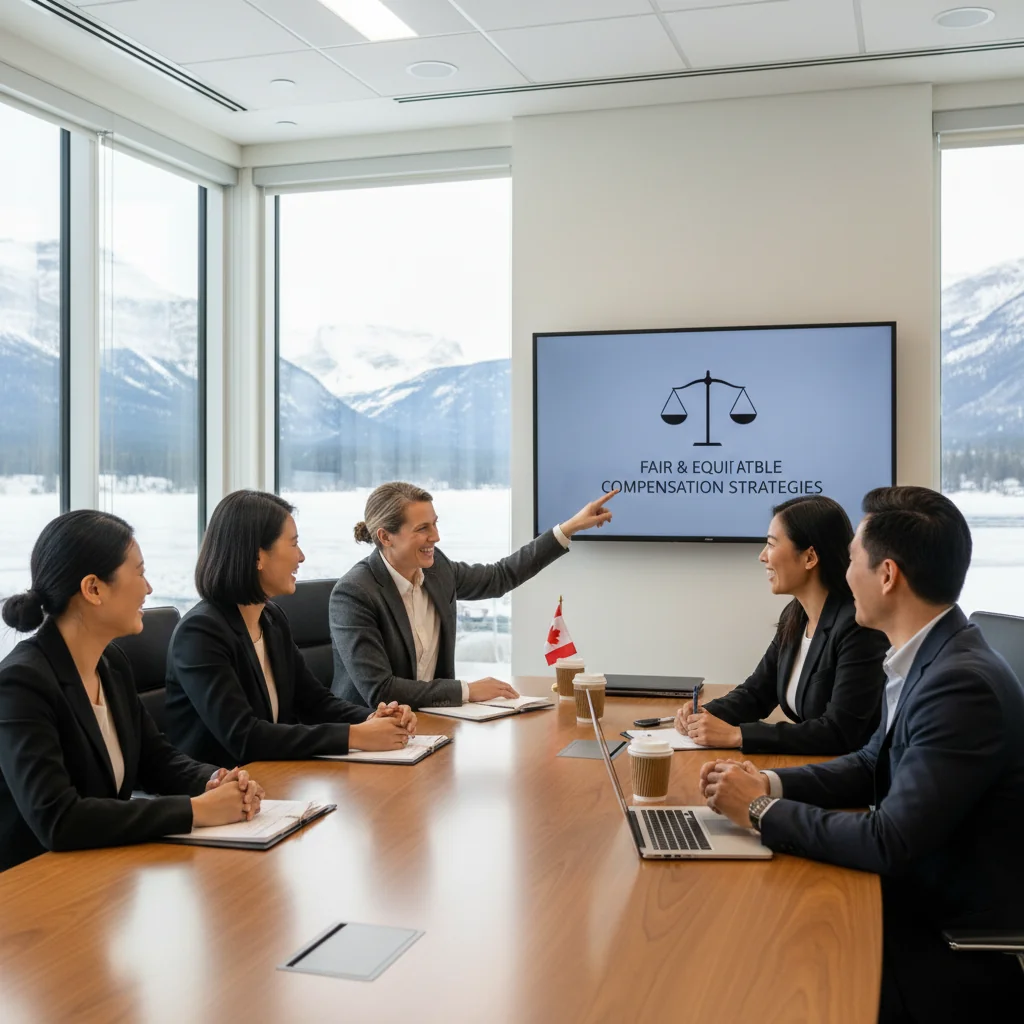 A photorealistic image of a diverse group of professional adults in a modern Canadian office setting, engaged in a positive discussion about compensation and benefits, symbolizing the development of an effective compensation philosophy for a company. The scene includes adults shaking hands or reviewing charts on a tablet, with elements like maple leaves or Canadian flags subtly in the background to evoke a Canadian context. No children are present in the image.