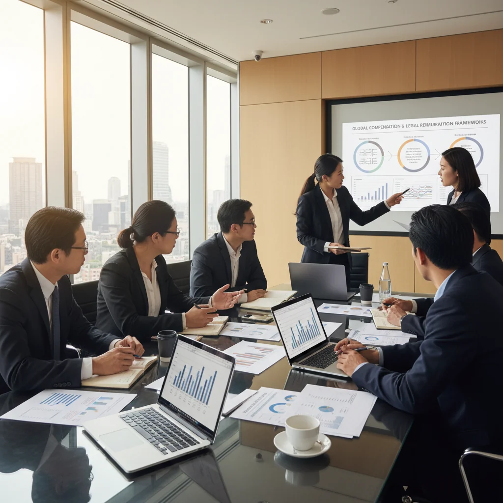 A photorealistic image of a professional business meeting in a modern office, where a diverse group of adult executives are discussing compensation strategies around a conference table, symbolizing the practical legal aspects of remuneration philosophy in business practice.