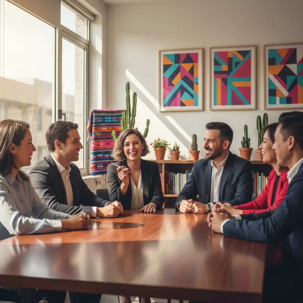 A photorealistic image of a diverse group of adult professionals in a modern Mexican office setting, engaged in a collaborative discussion about compensation and benefits, symbolizing fairness and equity in employment under Mexican law. The scene includes adults only, with elements like a whiteboard showing abstract icons of salary scales and handshakes, evoking trust and legal compliance without focusing on documents.