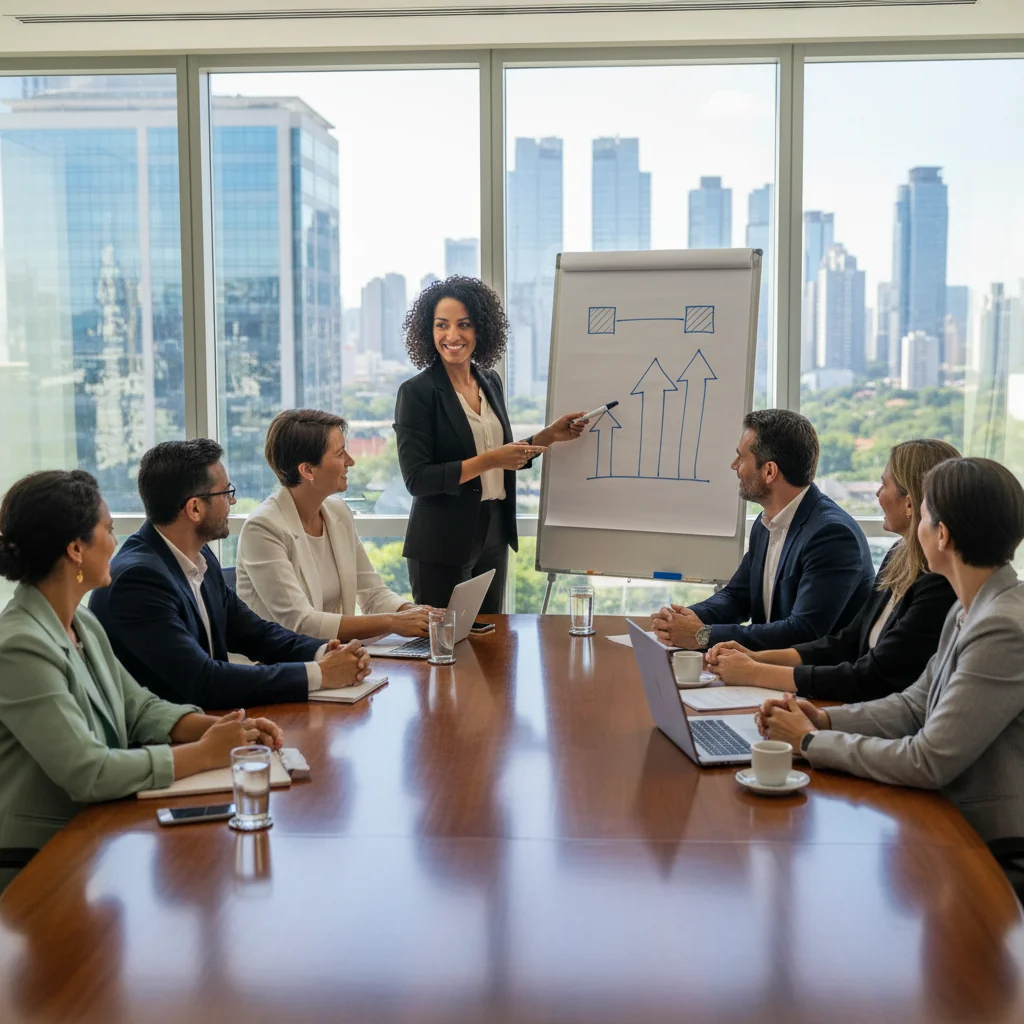 A photorealistic image of a diverse group of professional adults in a modern Brazilian corporate office, engaged in a collaborative discussion about compensation strategies, symbolizing fairness and effectiveness in remuneration philosophy for Brazilian companies. The scene captures a sense of equity and motivation among the team, with elements like a whiteboard showing abstract charts on salary structures, but no actual documents or text visible.