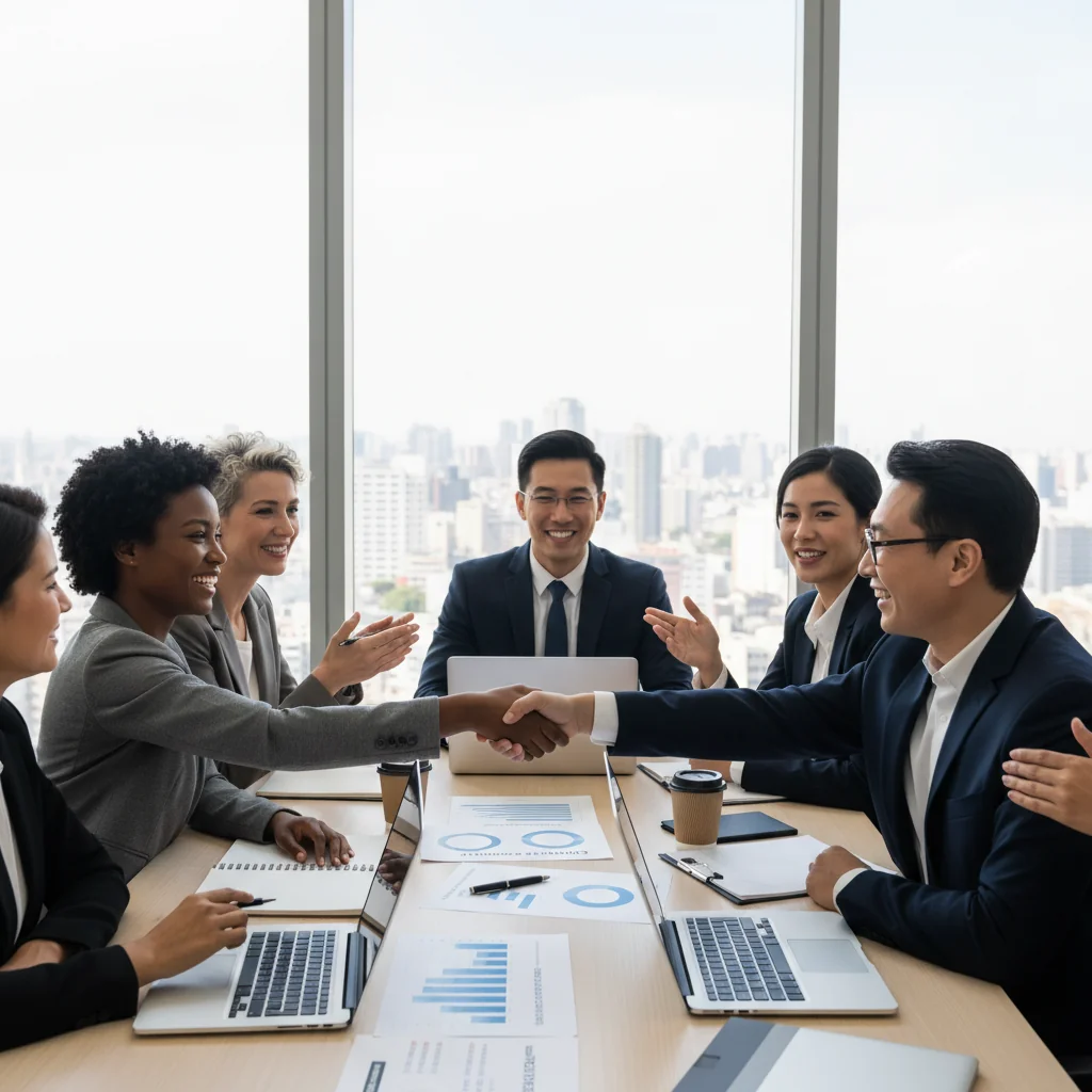 A photorealistic image depicting a diverse group of professional adults in a modern office environment, symbolizing compliance, fairness, and attractiveness in the job market through elements like handshakes, confident discussions, and inclusive teamwork, evoking trust and opportunity in compensation philosophy.