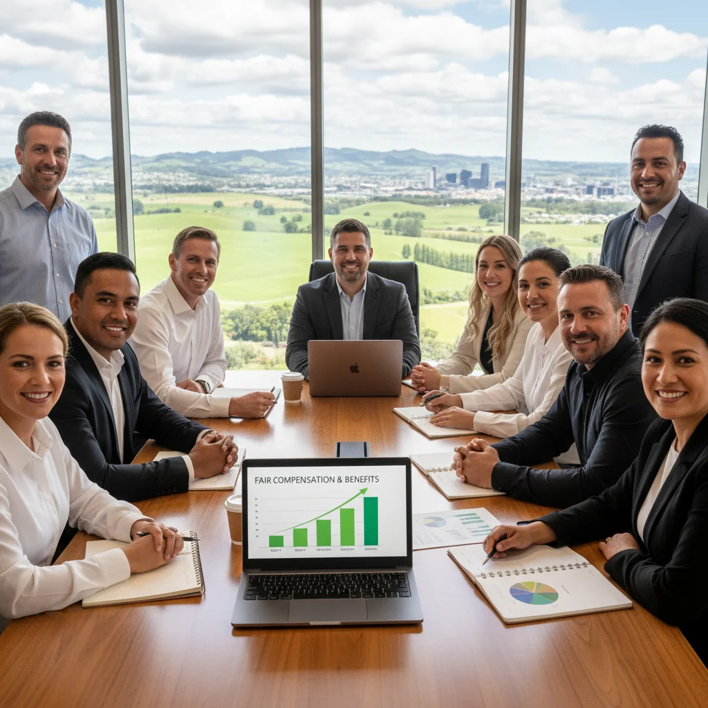 A photorealistic image depicting a diverse group of professional adults in a modern New Zealand office setting, engaged in a positive discussion about compensation and employee satisfaction, symbolizing the purpose of a compensation philosophy statement for businesses. The scene should evoke fairness, motivation, and professional growth, with elements like a whiteboard with abstract charts (no specific text), diverse ethnicities representing NZ workforce, natural light from windows showing NZ landscape hints, all adults over 18, no children present.