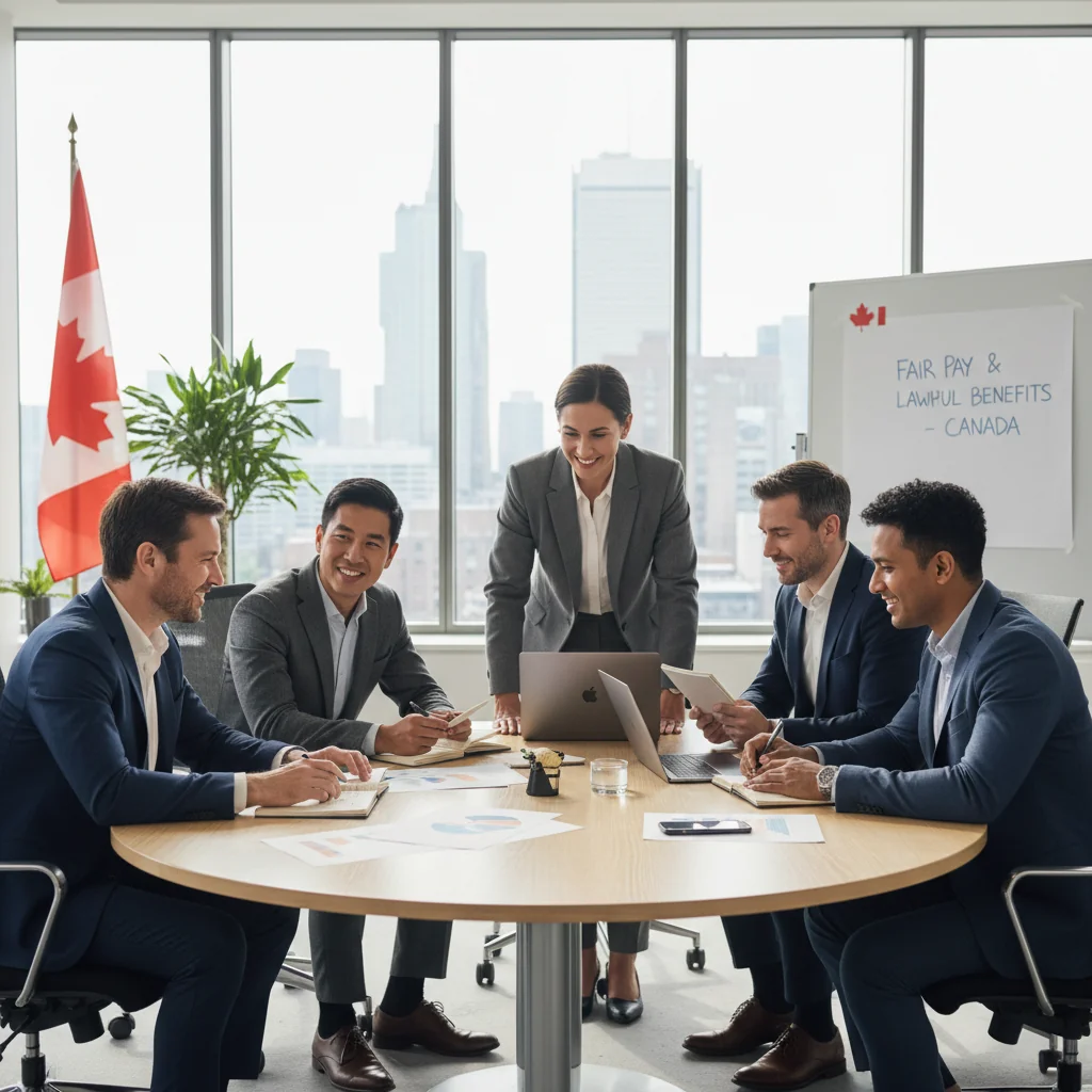 A photorealistic image of diverse adult professionals in a modern Canadian office, engaged in a collaborative discussion about fair compensation, symbolizing the principles of a compensation philosophy statement under Canadian law. The scene conveys equity, professionalism, and workplace harmony, with elements like a conference table, laptops, and subtle Canadian symbols in the background. No children are present.