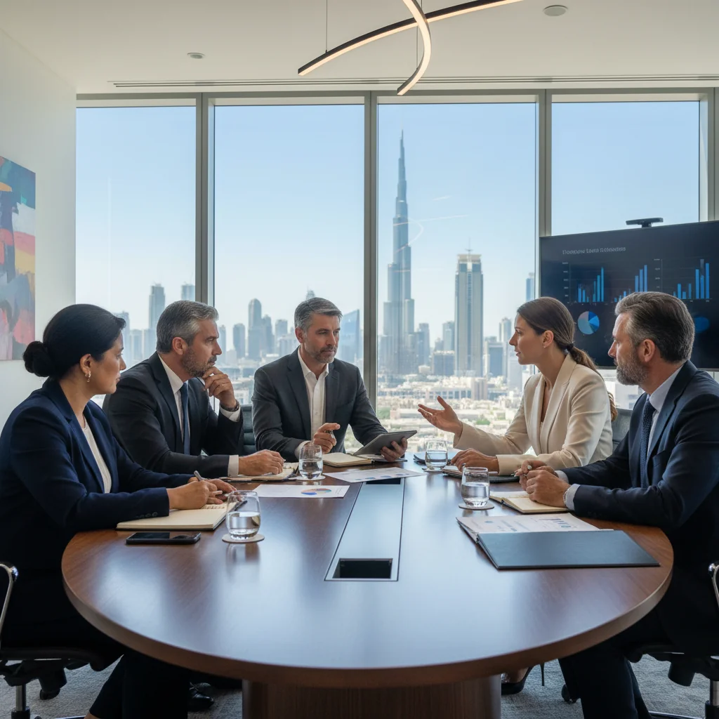 A photorealistic image depicting a professional business meeting in the UAE, with diverse adult executives in modern office attire discussing compensation strategies around a conference table with UAE skyline in the background, symbolizing effective compensation philosophy in the Emirates. No children present.
