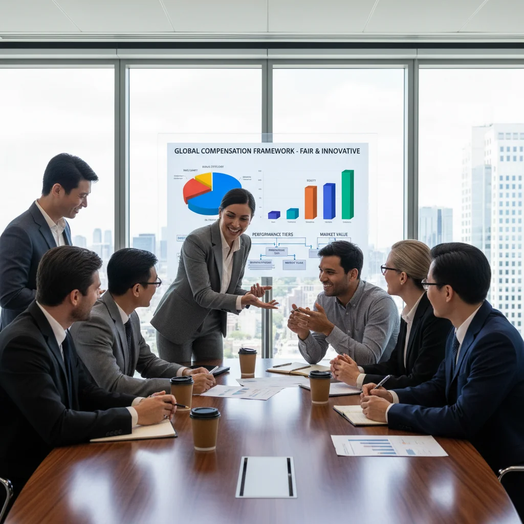 A photorealistic image of a diverse group of professional adults in a modern conference room, engaged in a discussion about compensation strategy, symbolizing the development of an effective compensation philosophy for companies. The scene conveys collaboration, fairness, and business growth without focusing on documents.