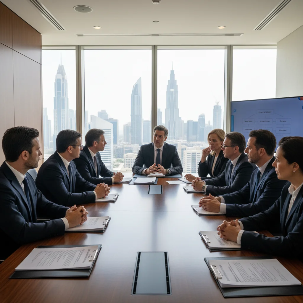A photorealistic image of a professional business meeting in a modern UAE office, with diverse adult professionals discussing legal compliance documents related to compensation philosophy, evoking trust and adherence to UAE laws, no children present.