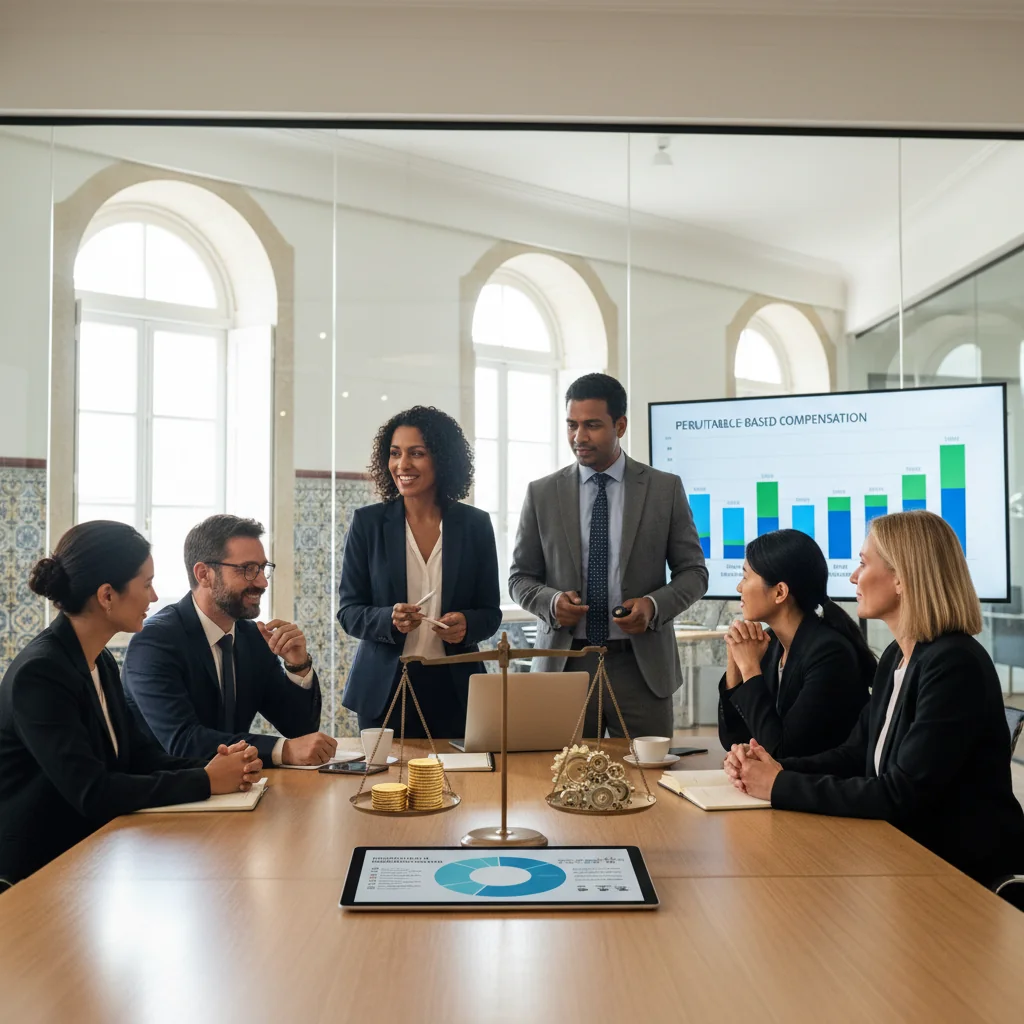 A photorealistic image representing fair compensation and corporate philosophy in a Portuguese business setting, showing diverse adult professionals in a modern office discussing balanced pay structures, with subtle Portuguese cultural elements like azulejo tiles in the background, evoking trust and equity in employment practices.