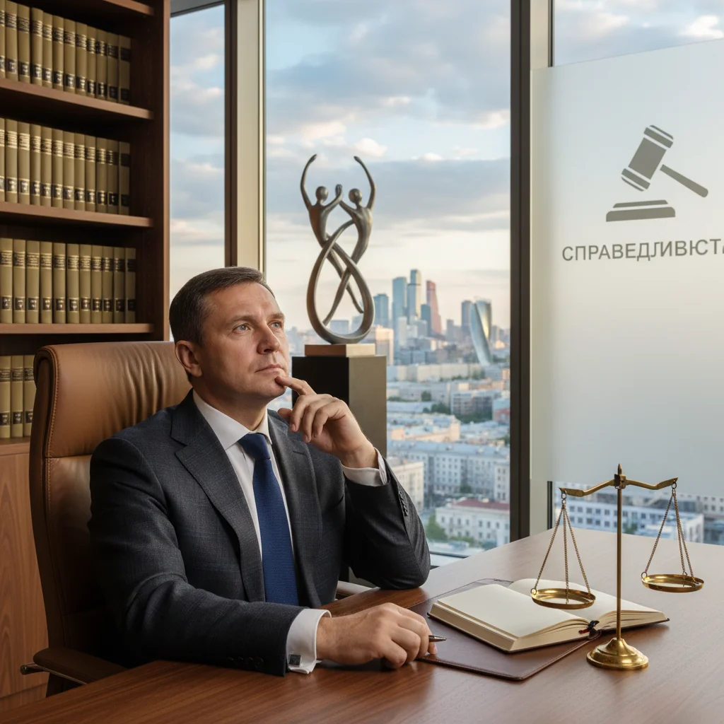 A photorealistic image depicting the concept of reward and compensation philosophy in a legal context, showing a professional adult in a modern office setting, perhaps a lawyer or executive thoughtfully reviewing principles of fairness and justice in compensation, with subtle symbolic elements like balanced scales representing equity in Russian legislation, no documents visible, no children present.