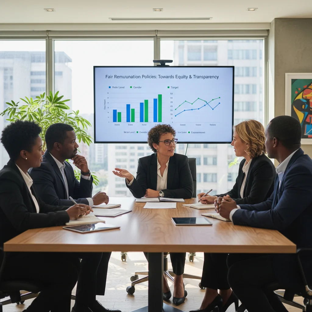 A photorealistic image of a diverse group of professional adults in a modern South African corporate office, engaged in a collaborative meeting discussing remuneration strategies, symbolizing fairness and transparency in compensation philosophy, with elements like diverse ethnic backgrounds, business attire, and a positive work environment.