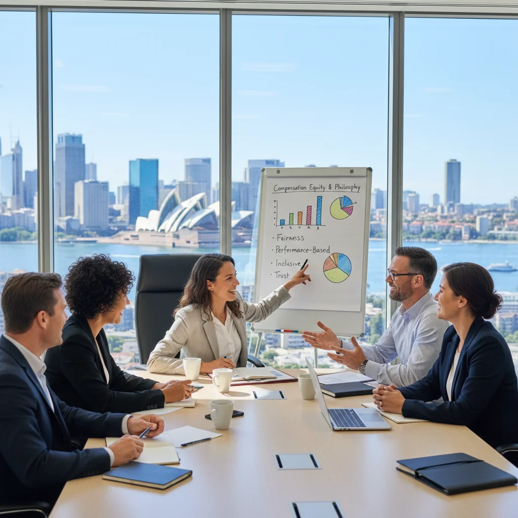 A photorealistic image of a diverse group of professional adults in a modern Australian office setting, engaged in a collaborative discussion about fair remuneration and compensation strategies, symbolizing transparency and equity in workplace philosophy, with elements like a whiteboard showing charts on pay structures, no children present.