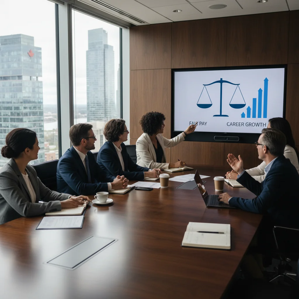 A photorealistic image of a diverse group of professional adults in a modern Canadian business office, engaged in a collaborative meeting discussing compensation strategies, symbolizing the philosophy behind fair pay in businesses. The scene includes a conference table with charts on fair compensation, adults in business attire, with Canadian elements like a maple leaf subtly in the background. No children are present.