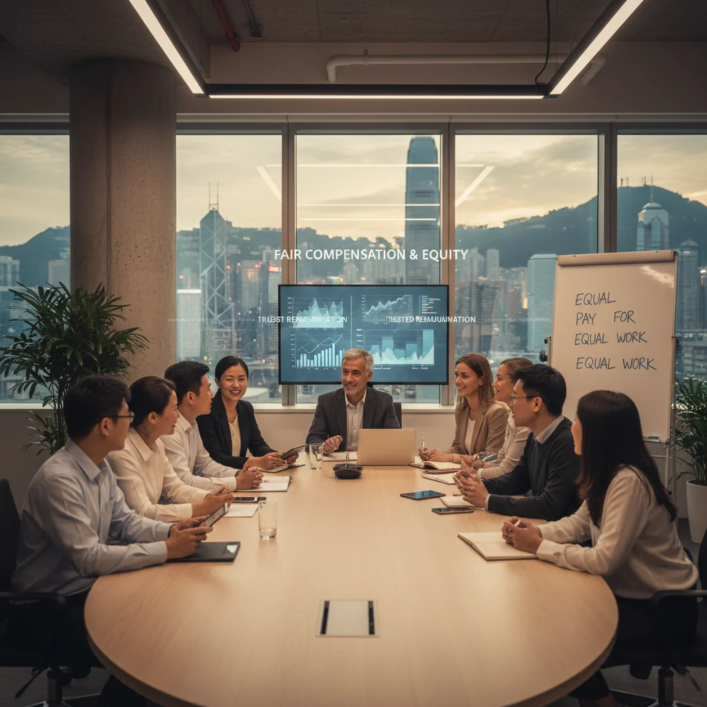 A photorealistic image of a diverse group of professional adults in a modern Hong Kong office setting, engaged in a positive discussion about salary and compensation policies, symbolizing transparency and fairness in remuneration concepts, with elements like a city skyline view from the window to evoke Hong Kong, no children or documents visible.