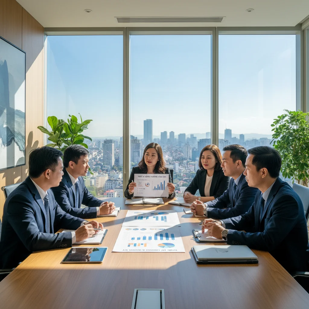 A photorealistic image of a professional business meeting in a modern Vietnamese office, where diverse adult executives are engaged in a serious discussion about compensation philosophy, with elements like handshakes, charts on a whiteboard, and a collaborative atmosphere, symbolizing effective implementation of fair pay statements in Vietnam. No children are present.