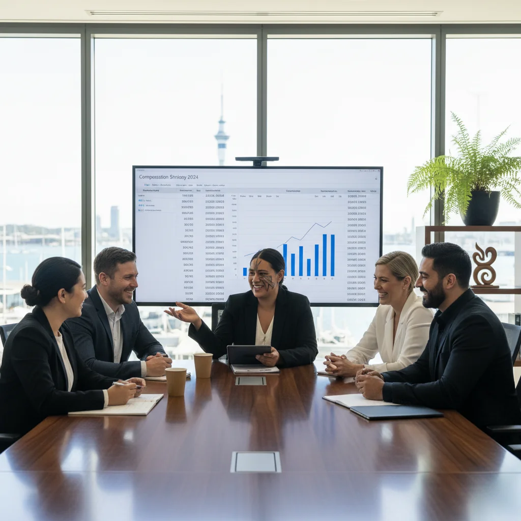 A photorealistic image depicting a diverse group of adult professionals in a modern New Zealand office setting, engaged in a positive discussion about compensation and career growth, symbolizing fairness and transparency in workplace philosophy. The scene includes elements like a scenic view of New Zealand landscapes through the window to evoke local context, with adults only, no children present.