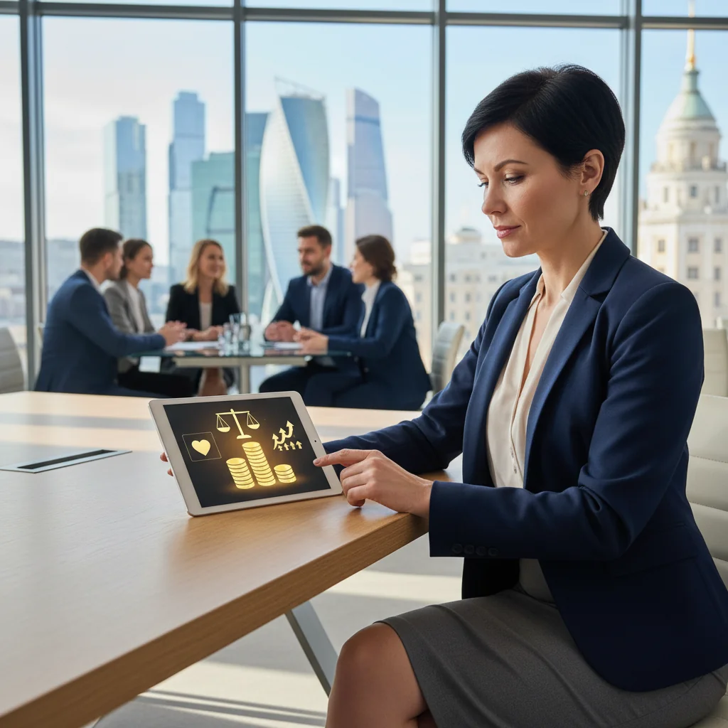 A photorealistic image of a professional HR manager in a modern Russian office setting, thoughtfully reviewing reward philosophy concepts on a digital tablet, symbolizing the importance of compensation philosophy statements for HR in Russian companies. The scene conveys inspiration and strategic planning, with subtle Russian cultural elements like a view of Moscow skyline through the window. No children, no documents visible, purely professional adult environment.