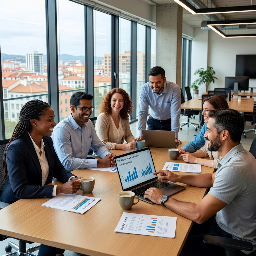 A photorealistic image depicting a diverse group of satisfied adult professionals in a modern Spanish office environment, engaging in positive discussions about compensation benefits, symbolizing the advantages of a good compensation philosophy in Spanish companies. The scene includes elements like a whiteboard with abstract icons representing salary, bonuses, and work-life balance, with warm lighting and a professional yet welcoming atmosphere. No children are present.