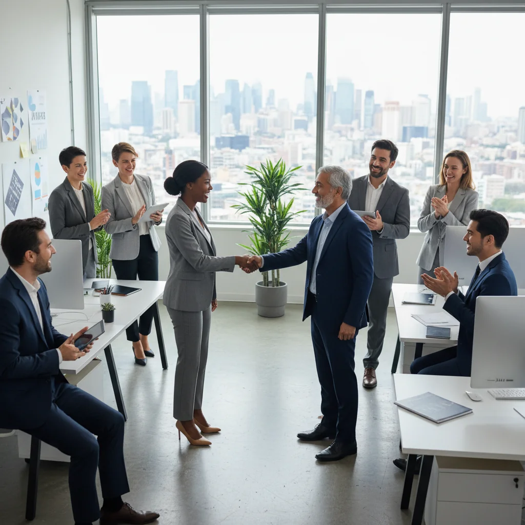 A photorealistic image depicting a diverse group of satisfied adult professionals in a modern office environment, shaking hands with a smiling business leader, symbolizing fair compensation, mutual benefits, and positive company culture for employees and firms.